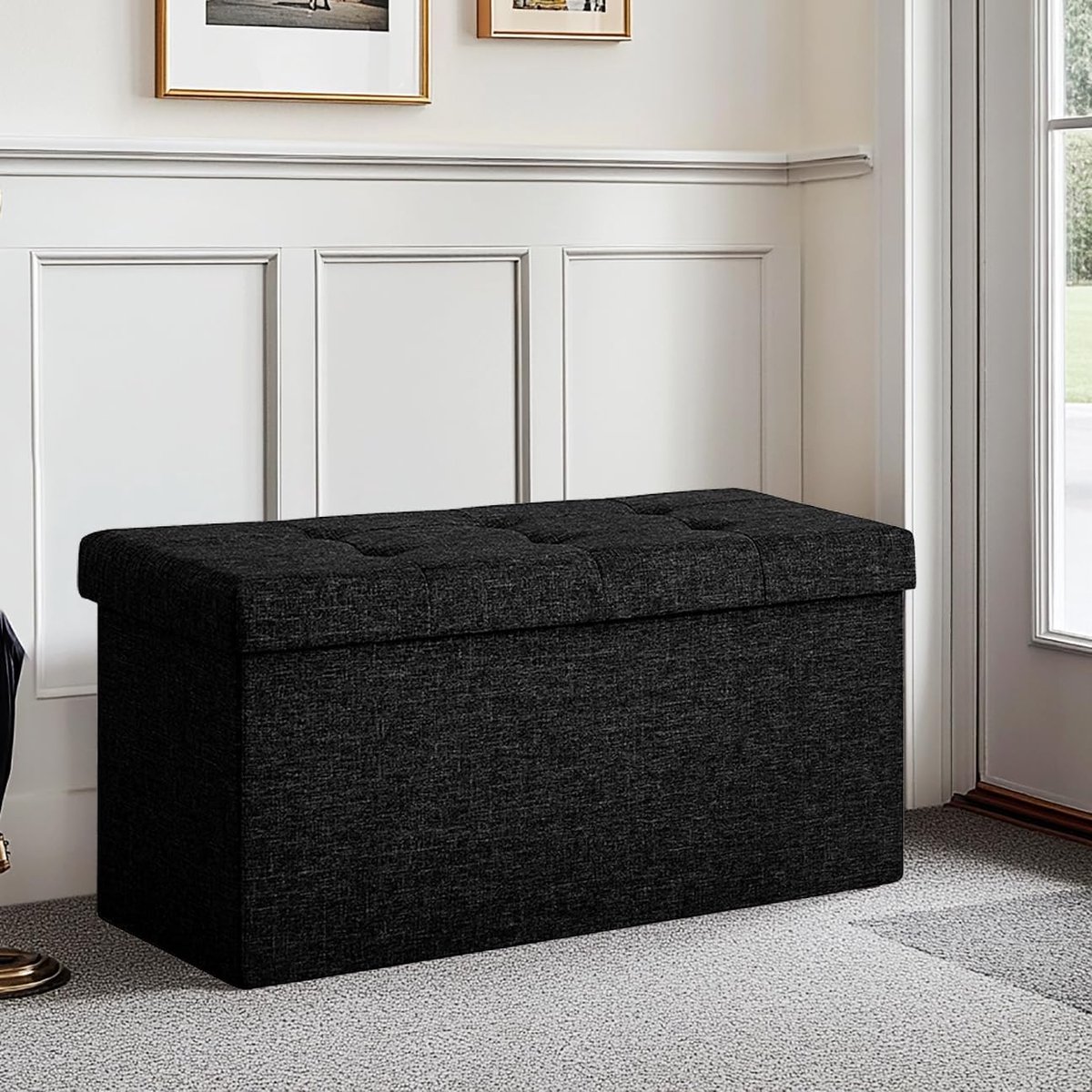 Opvouwbare Opbergbank 76x38x38 cm – Altameubel Luxe Zitbank met Opbergruimte – Draagkracht 300 kg – Donkerzwart Imitatielinnen – Comfortable Voetenbank & Kruk voor Woonkamer / Slaapkamer
