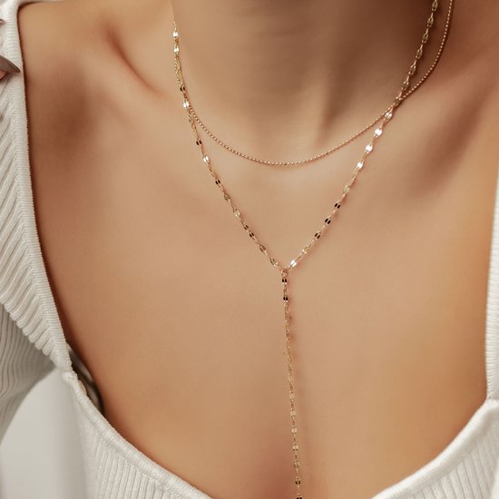 Hey Happiness Gelaagde Kralen - en Platte Rolo Y-Halsketting Dames Roestvrij Staal 18K Verguld - 41-46 cm Verstelbaar - Jasseron Ketting - Goud