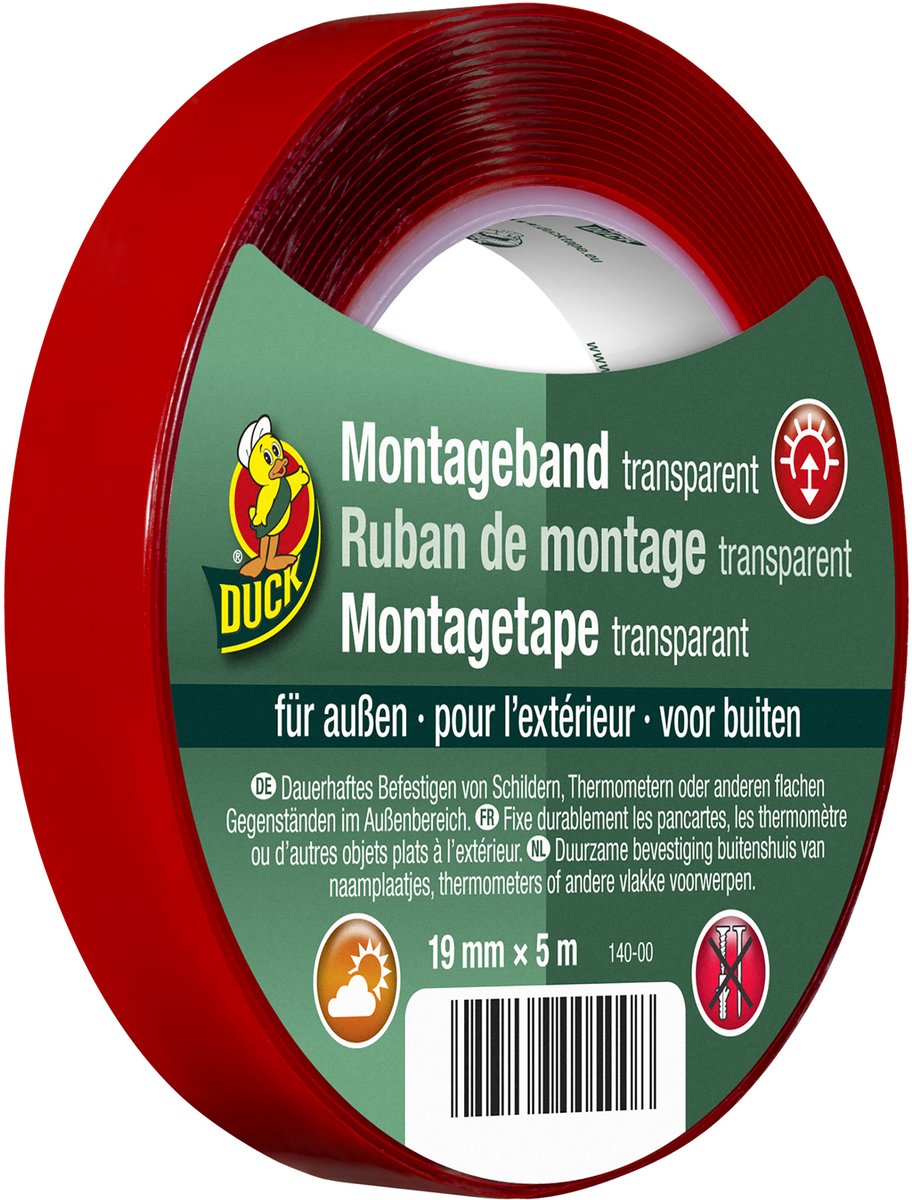 Duck Montagetape voor Buiten - Permanente Bevestiging van Vlakke Voorwerpen - UV-bestendig en Weersbestendig - Hecht Stevig op Metselwerk en Pleisterwerk - 19 mm x 5 m - Transparant