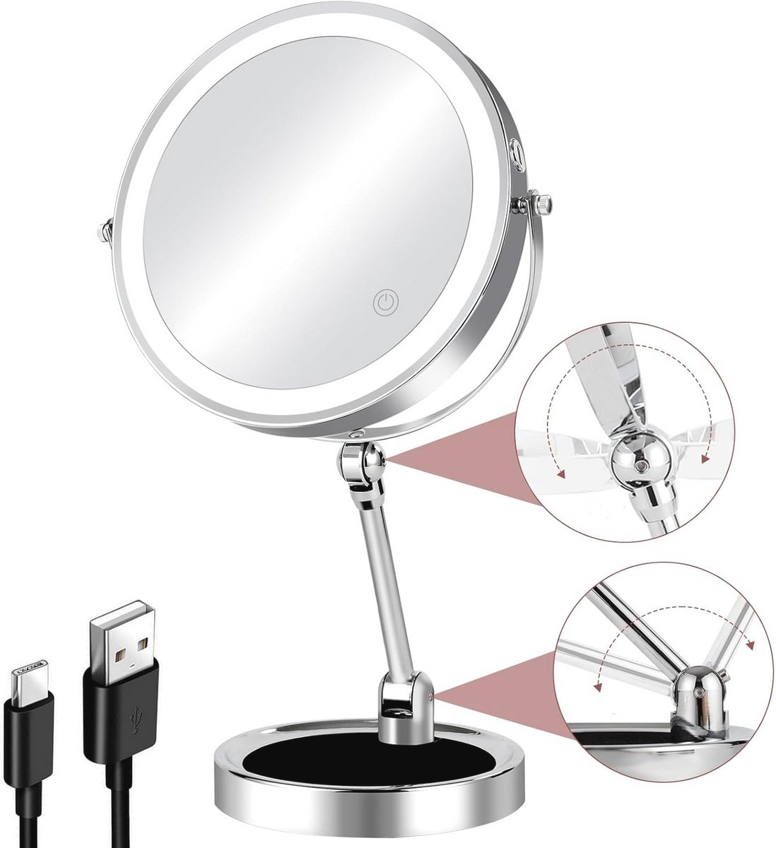 Make-upspiegel met Verlichting en Vergroting - Oplaadbaar, 360° Rotatie, Touch Control, Opvouwbaar