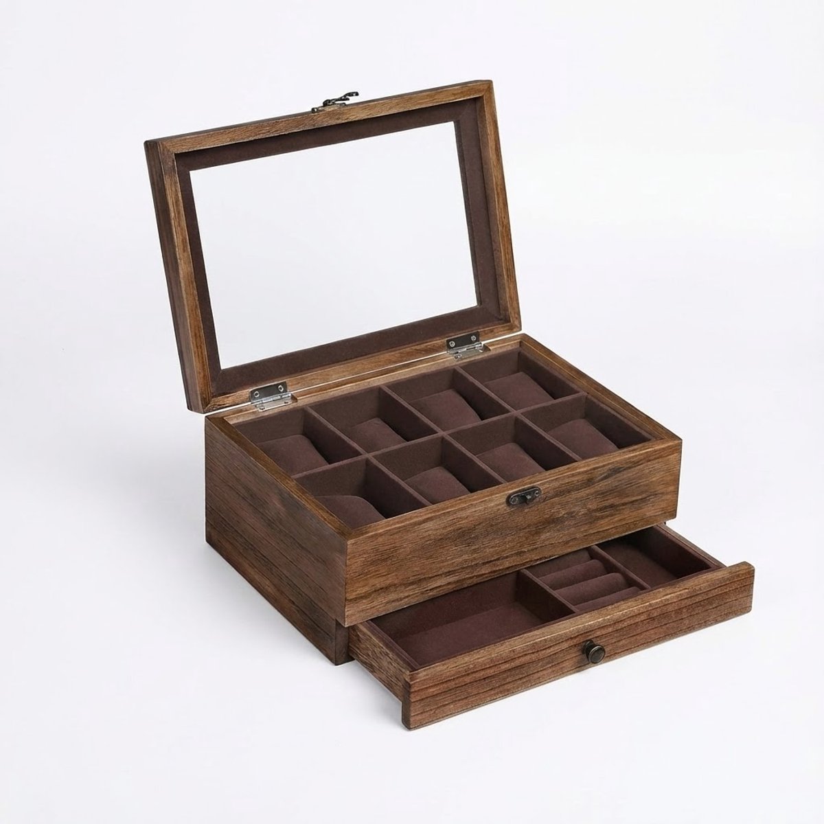 Mazazu Horlogekist en Sieradendoos - Functionele Horlogedoos met Glazen Deksel en Zacht Interieur - Geschikt voor Horloges en Sieraden- Valentijn cadeautje - 27x20x13 cm