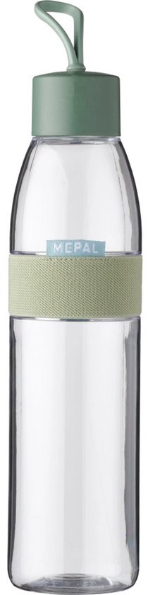 Transparante drinkfles van Mepal met een sagegroene band en dop. Met Mepal logo.