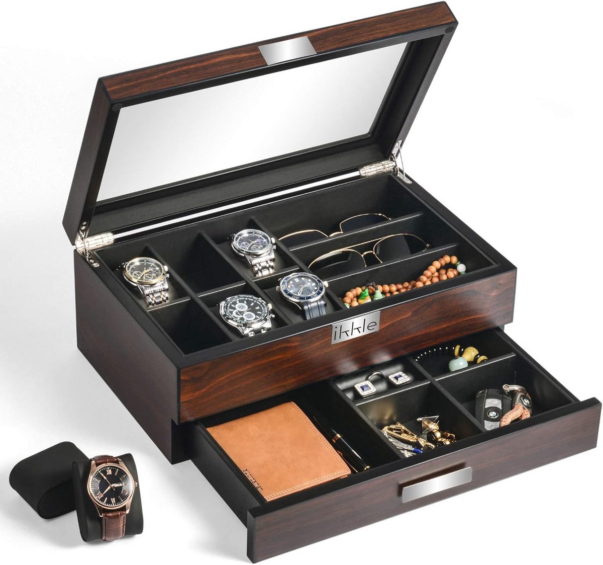 Luxe Houten Horlogedoos met Glazen Deksel voor Heren - Dubbele Laag Organizer voor Horloges en Accessoires