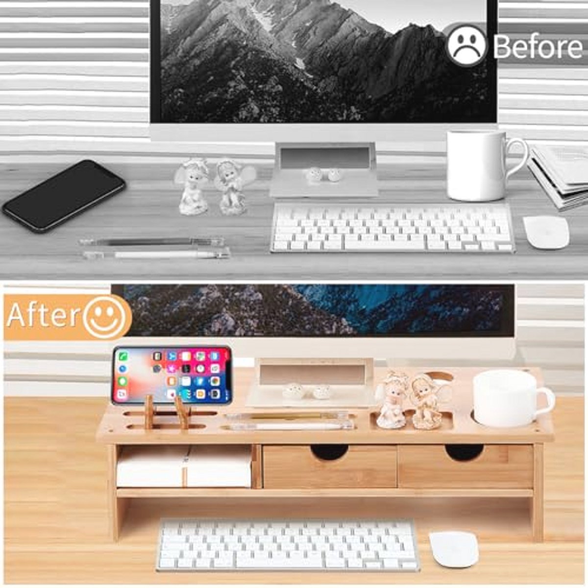 2-Tier Bamboe Monitor Stand met Lades - Verstelbare Desk Organizer voor Laptop, Computer en Mobiele Telefoon