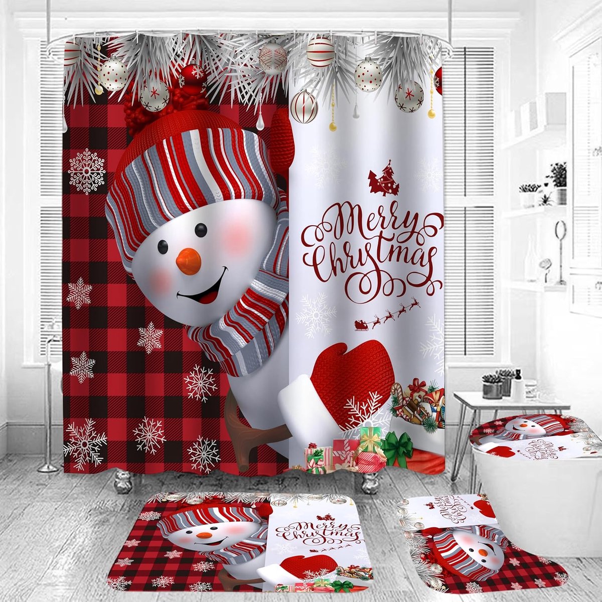 Mmgoqqt - 1 Stuk - Kerst Sneeuwpop Douchegordijn Set - Douchegordijn Badkamer Decor Set Met Haakjes - Blauw - 180 Cm B X 180 Cm L - Waterafstotend