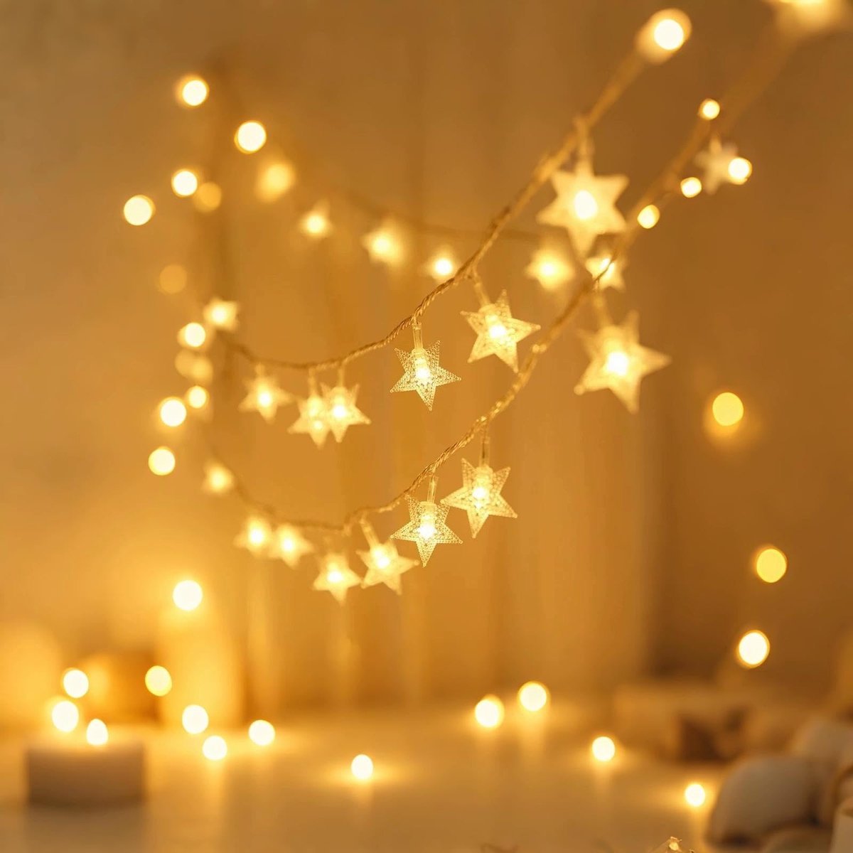 Led-lichtsnoer met ster, warmwit, helder LED-licht, decoratieve verlichting, doorzichtig draad voor kerst, doe-het-zelf (10 m, 70 sterren)