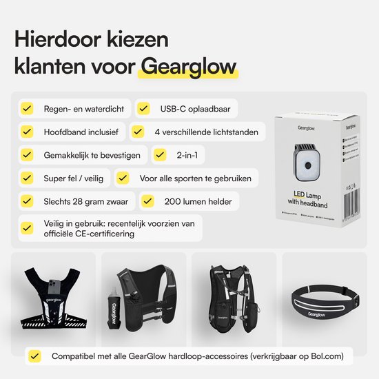 GearGlow: regen- en waterdicht, USB-C oplaadbaar, hoofdband inclusief, 4 standen, 2-in-1, 28 gram, 200 lumen. Geschikt voor alle sporten.