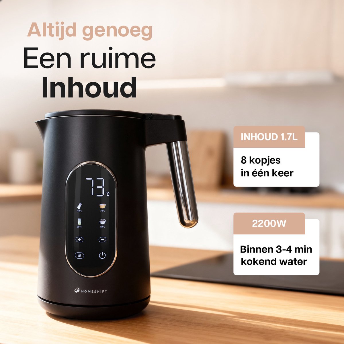 HomeShift® Waterkoker met Temperatuurregeling - Warmhoudfunctie - Dubbelwandig - Elektrisch - 1,7 Liter - 2200W - Zwart – foto 3
