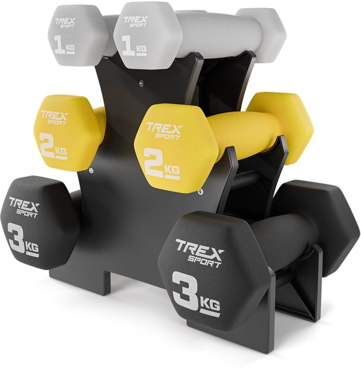 Trex Sport TX-V120VS – Dumbbells – Fitness Gewichten Set – Inclusief Halterrek – Vinyl Antislip – 2x1kg, 2x2kg, 2x3kg – 3 Paar Vinyl Dumbbells met Houder – Kleurgecodeerd – Belastbaar tot 12 kg