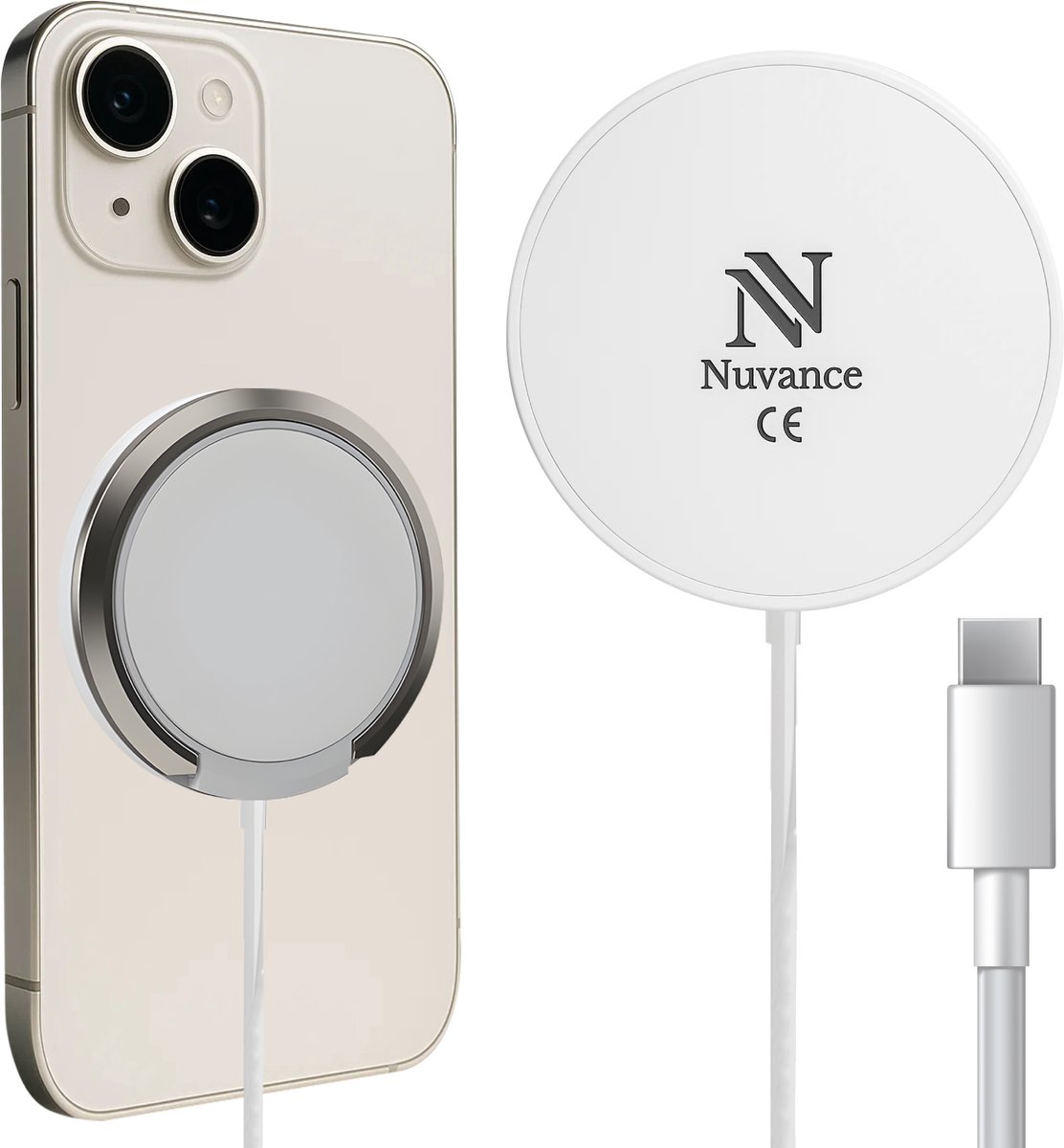 Nuvance Draadloze Oplader - 15W Snellader - Geschikt voor Magsafe - Wireless Charger - Incl. Usb-C Kabel - Wit