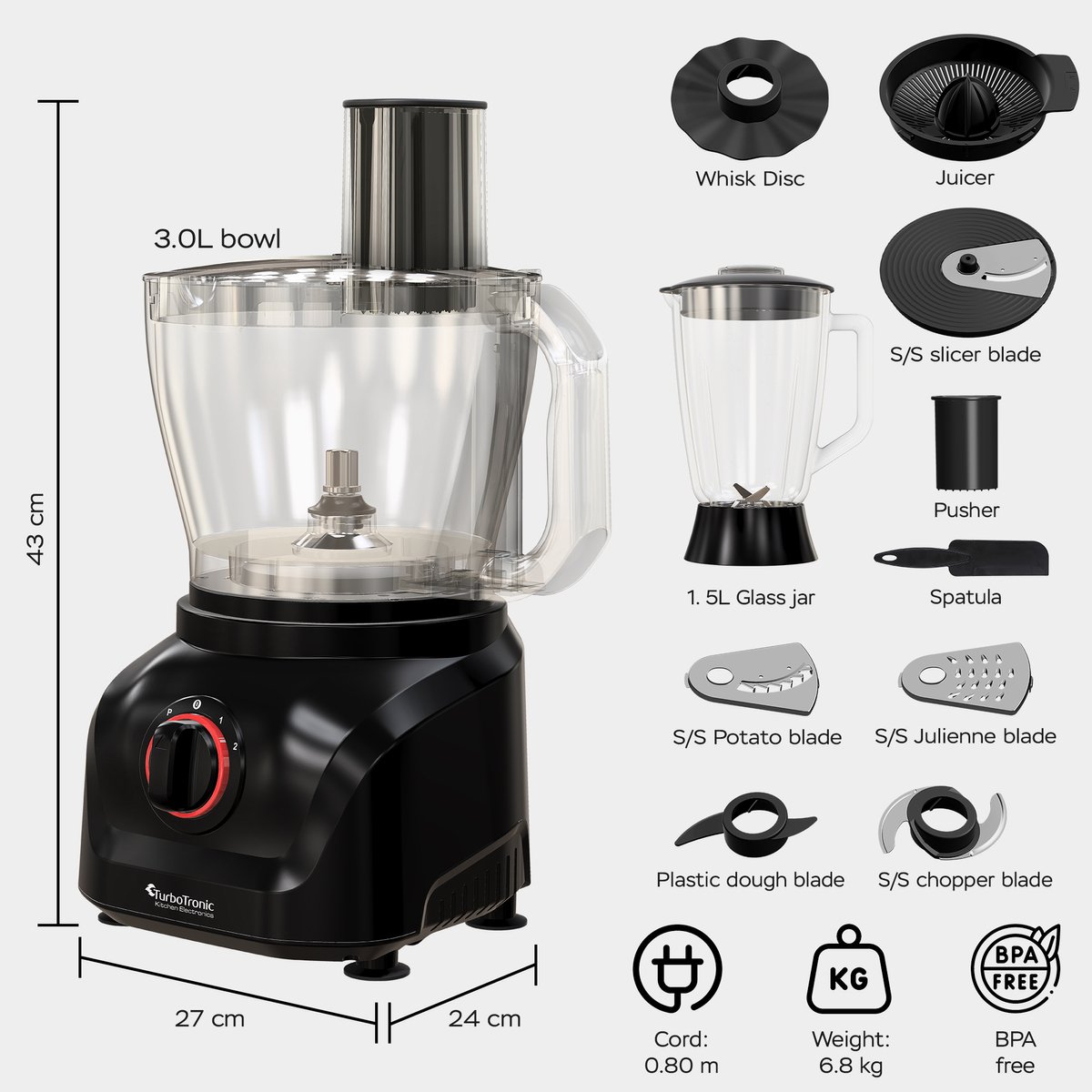 TurboTronic FP900 Foodprocessor - 8-in-1 Keukenmachine - 3 Liter - Zwart thumbnail 8