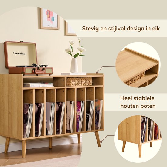 ACAZA LP Opbergsysteem - LP Houder - Premium XL - Lichte Eik - 100 x 75 x 40 cm (L x B x H) - Platenspeler Meubel - Vinyl Opbergsysteem - Platenkast - Platenhouder - 200 Platen — afbeelding 4