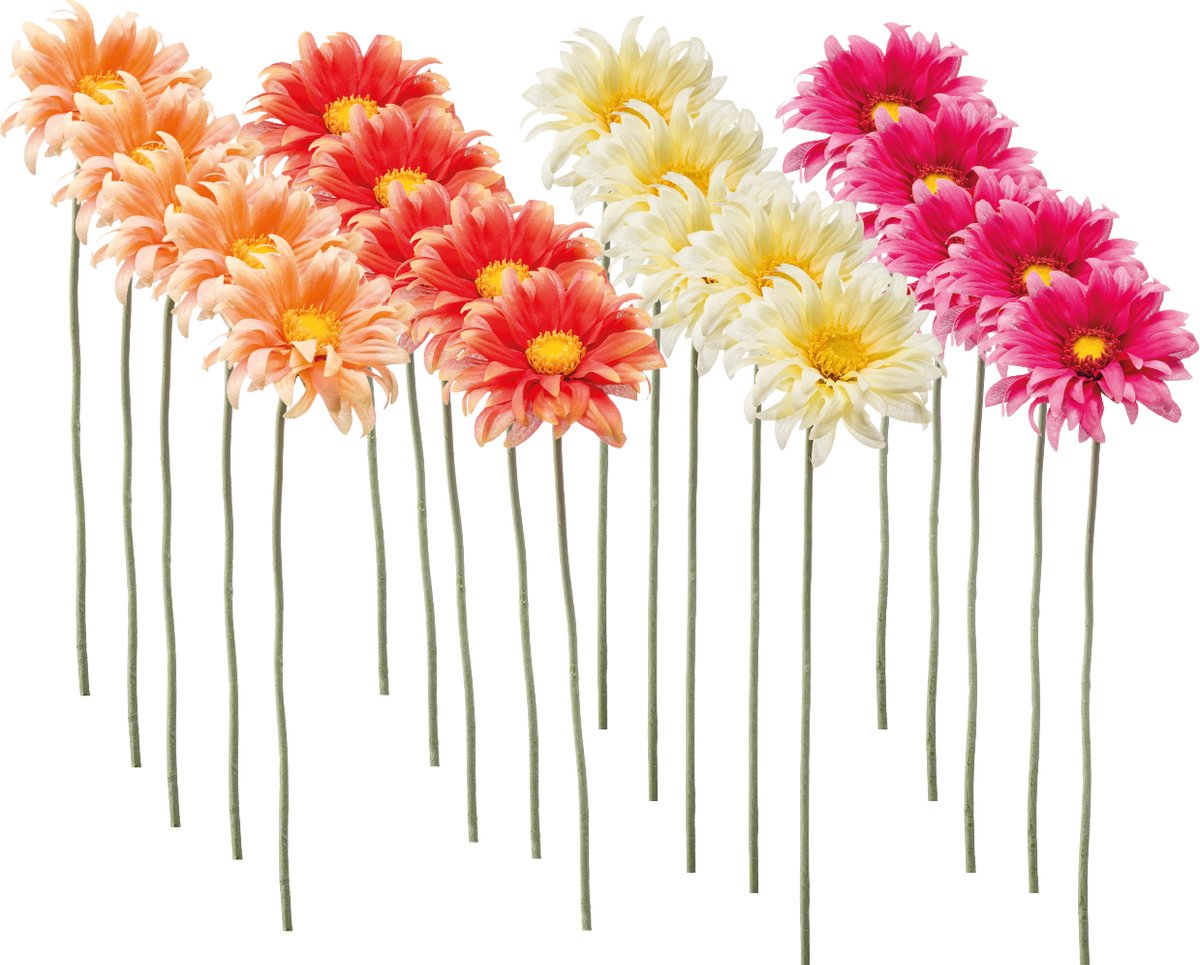 Emerald Kunstbloem Gerbera Mini 50cm - Set van 20 - Kunstplant voor binnen Peach, Oranje, Lichtgeel & Fuchsia - Set van 20