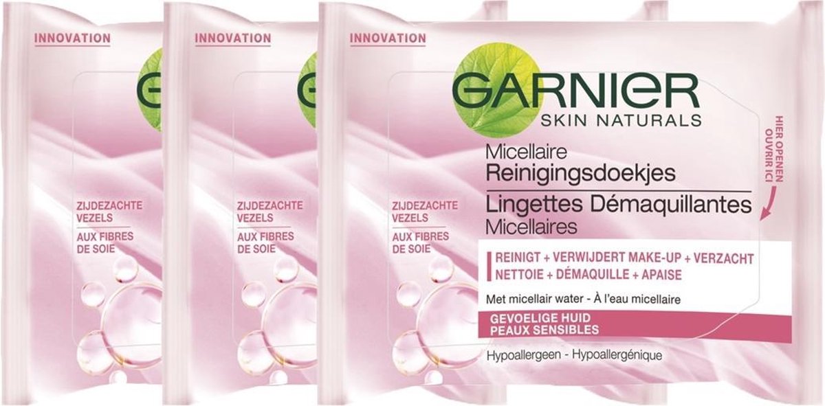 Garnier - SkinActive - Micellaire Reinigingsdoekjes Gevoelige Huid - 3 x 25 stuks - Gezichtsreiniging - Voordeelverpakking