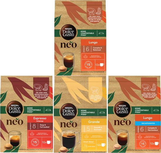 NESCAFÉ Dolce Gusto NEO koffiepads Caffè mix pakket (Lungo, Lungo Decaf, Espresso Intense en Grande) - 4x12 pads voor 48 koppen koffie