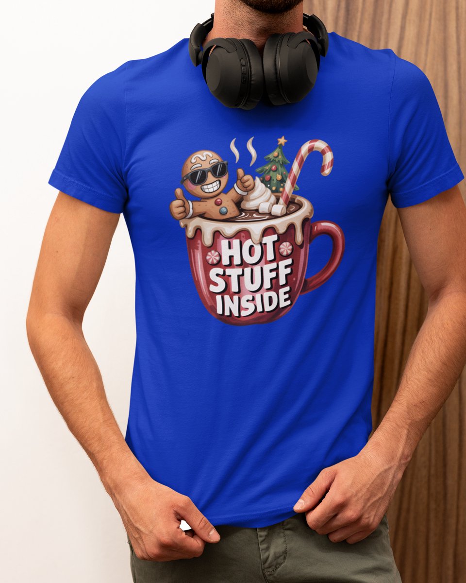Hot Stuff Inside Kerst - Kerst T-shirt Blauw - Grappig T-shirt - Maat M - Kerst Cadeau Mannen - Limited Edition