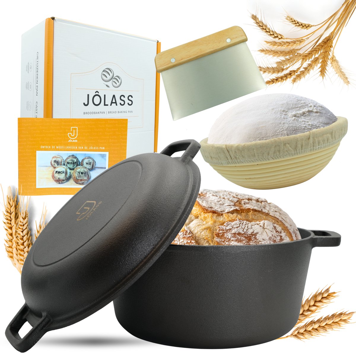Jôlass Gietijzeren Broodpan , Broodbakbol, Broodbakpan, Dutch Oven BBQ 4,7L, Braadpan Ø26CM voor alle Warmtebronnen, Bakvorm, Rijsmand brood bakken, Deegschraper, Zuurdesem starter set, Boekje met recept en werkwijze