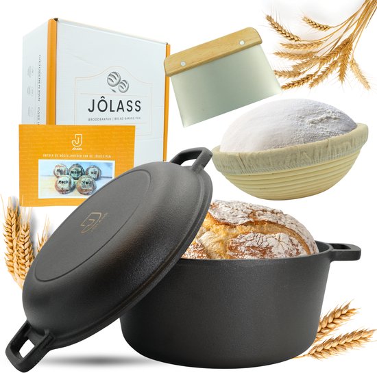 Jôlass® Gietijzeren Broodpan , Broodbakbol, Broodbakpan, Dutch Oven 4,7L, Braadpan Ø26CM voor alle Warmtebronnen, Bakvorm, Rijsmand brood bakken, Deegschraper, Ideaal kerst cadeau, Boekje met recept en werkwijze