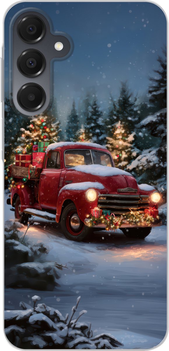 Telefoonhoesje Geschikt voor Samsung Galaxy A16 5G hoesje - Kersttruck - Sneeuwbos - Rood - Siliconen Telefoonhoesje Telefoonhoesje