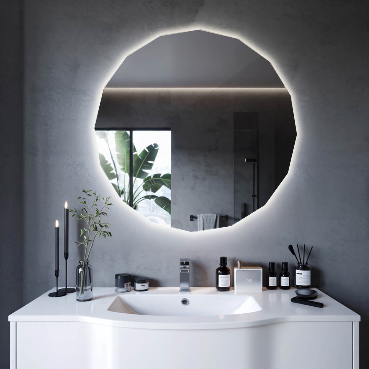 Coloray Geometrische LED Spiegel - Verlichte Wielhoek Spiegel - 60 cm x 60 cm - LED Spiegel Toilet - Moderne Wielhoekige LED Spiegel - Neutraal Licht - Regelmatige Vorm Spiegel LED - Exclusieve Vorm Spiegel LED Neutraal Wit