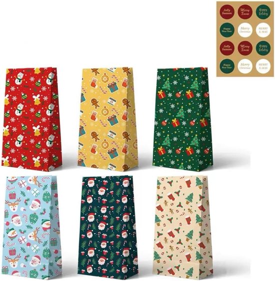 Cadeauzakjes Papier – Cadeauzakjes Kerst – 24 Stuks Christmas Gift Bags – Kraft Papier Kersttasjes met Feestelijke Ontwerpen – Perfect voor Kleine Cadeautjes, Snoepjes & Party Favors – Met Stickers voor Makkelijke Verzegeling