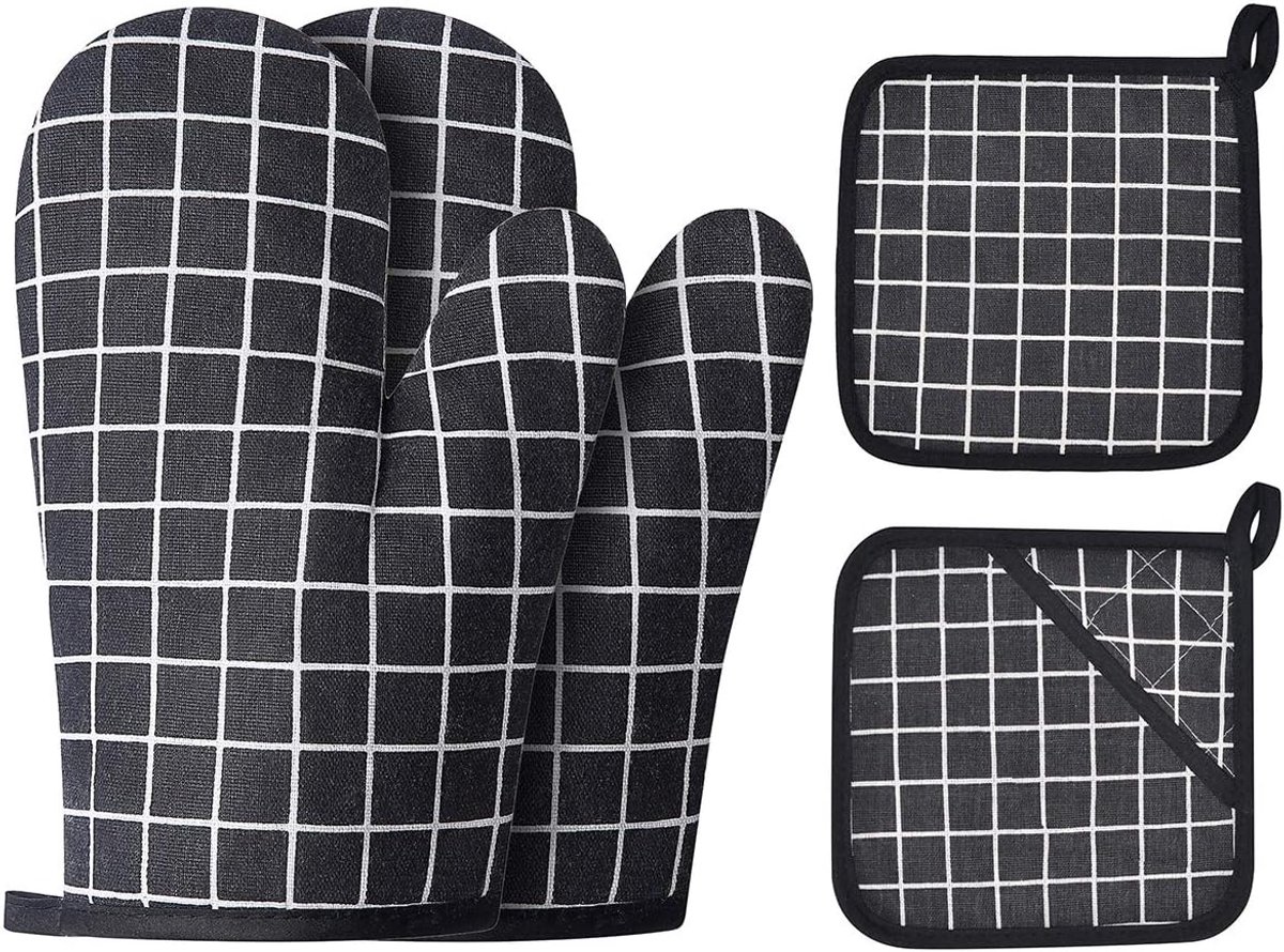 Daity Ovenwanten en grillhandschoenen van katoen - Gemaakt van gerecyclede - met katoen gevulde siliconen - antislip kookhandschoenen die geschikt zijn voor koken - bakken en grillen (set van 4, zwart geblokt).