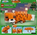 Arrière de la boîte du set LEGO Minecraft Le Renard. Montre le renard, les instructions de construction et les dimensions.