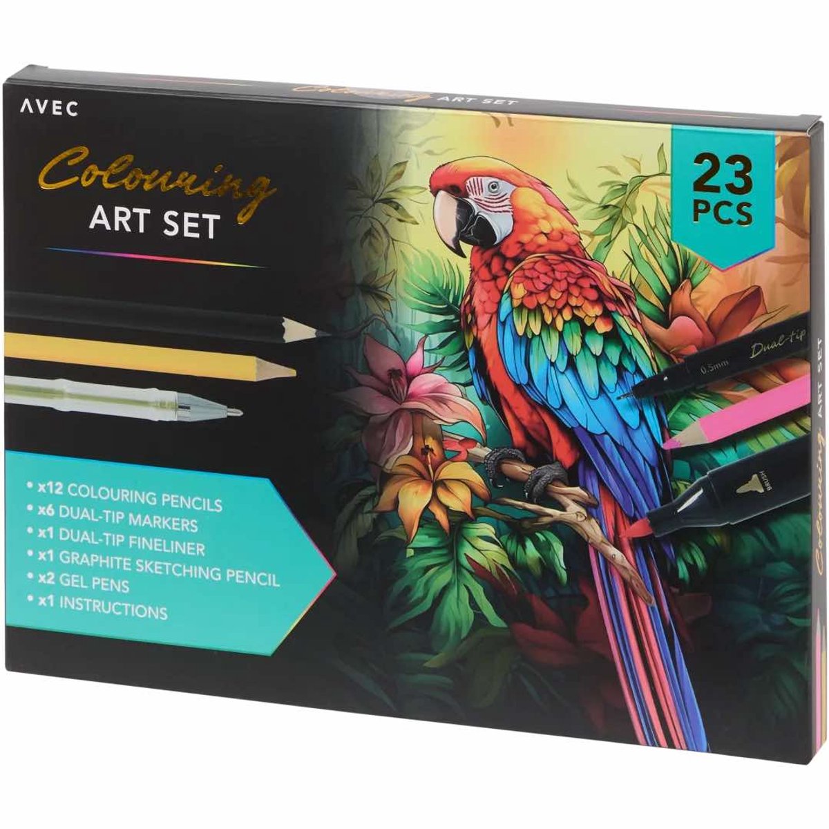 Avec teken- en kleurset - Colouring Art Set - 12 potloden - 11 overige accessoires
