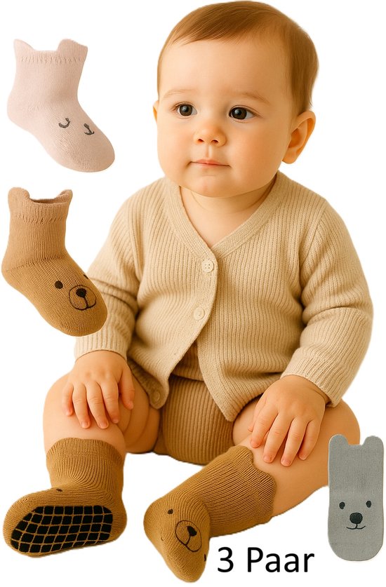 Baby Antislip Sokken – Maat M (0–1 jaar) – 3 Paar – Beer Design – Roze, Blauw & Bruin – Katoen – Zachte Babysokken met Grips – All Season