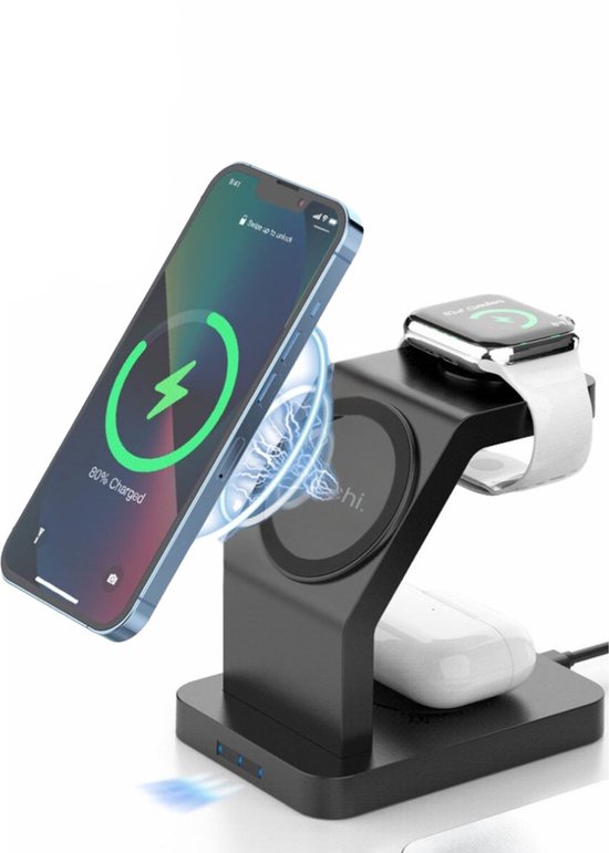iSetchi Draadloze Oplader 3-in-1 – MagSafe-Compatibel Laadstation voor Smartphone, Smartwatch & Oordopjes – Qi Oplaadstation – 15W Wireless Fast Charger – Snellader