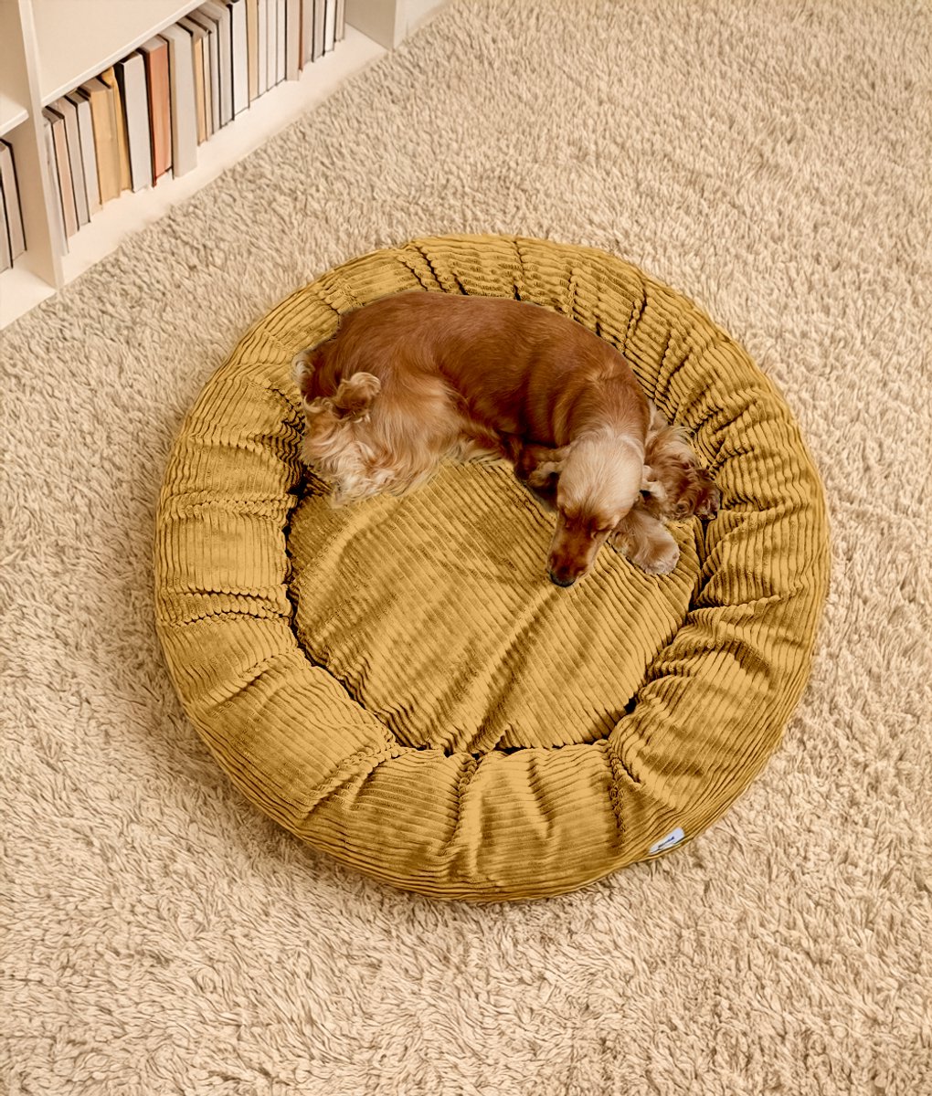 Comfortabel donutvormig hondenbed van ribfluweel – Mosterdkleur – Zacht, wasbaar & antislip – Nuba