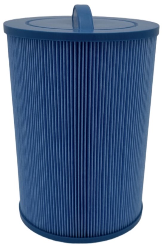 Blauw spa filter met handvat bovenop en verticale plooien. H21cm*D15cm.