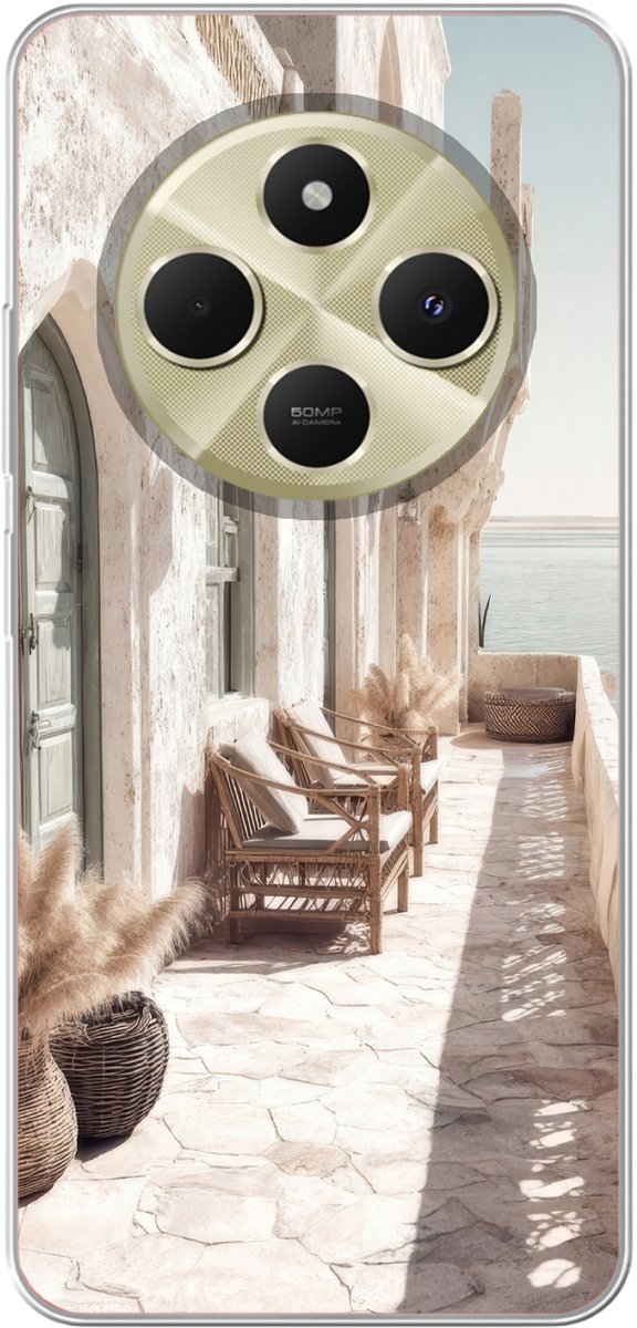 Telefoonhoesje Geschikt voor Xiaomi Geschikt voor Redmi 14C hoesje - Terras - Stoelen - Strand - Beige - Siliconen Telefoonhoesje Telefoonhoesje