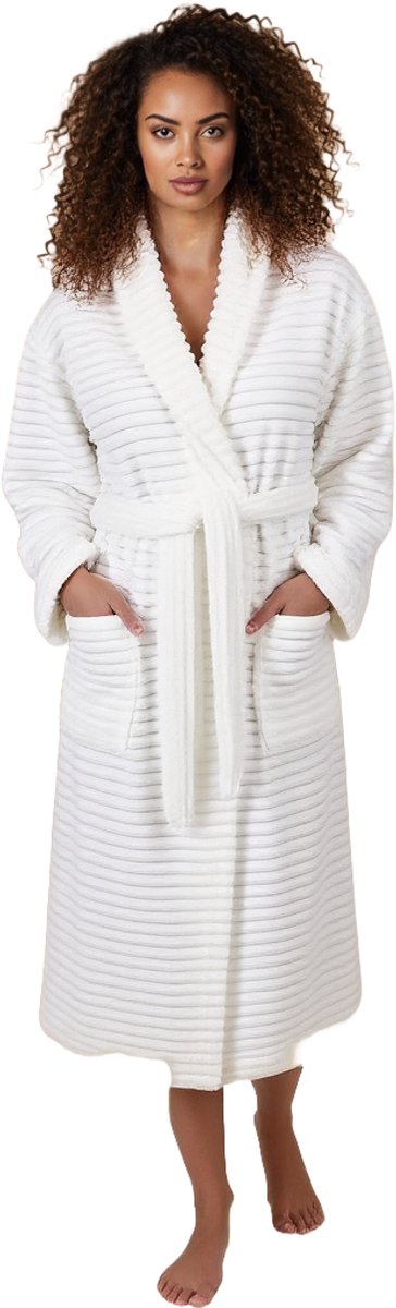 Sorprese Badjas Fleece Ribcord - sjaalkraag - Off-white - badjas dames - badjas heren - maat S/M - Cadeau - Oeko-Tex Standard 100