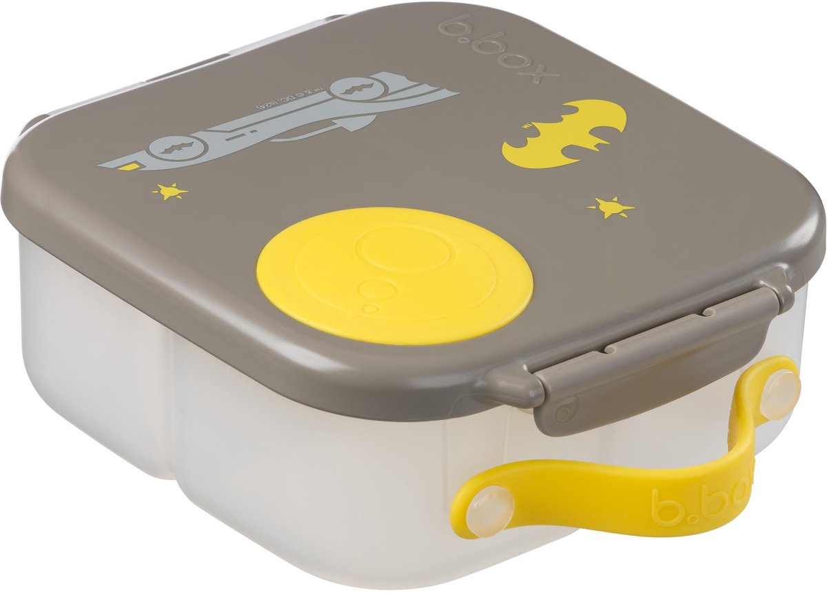 b.box Mini Lunchbox Batman, Lekvrije lunchbox voor kinderen met 2 compartimenten, flexibele houder voor heel fruit, verwijderbare verdeler, gemakkelijk te openen clip, handvat, vaatwasmachinebestendig, BPA-vrij, 210 mm x 168 mm x 73 mm