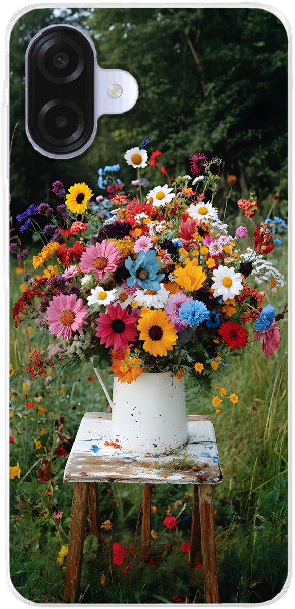 Telefoonhoesje Geschikt voor Samsung Galaxy A07 hoesje - Bloemen - Krukje - Gieter - Veld - Siliconen Telefoonhoesje Telefoonhoesje