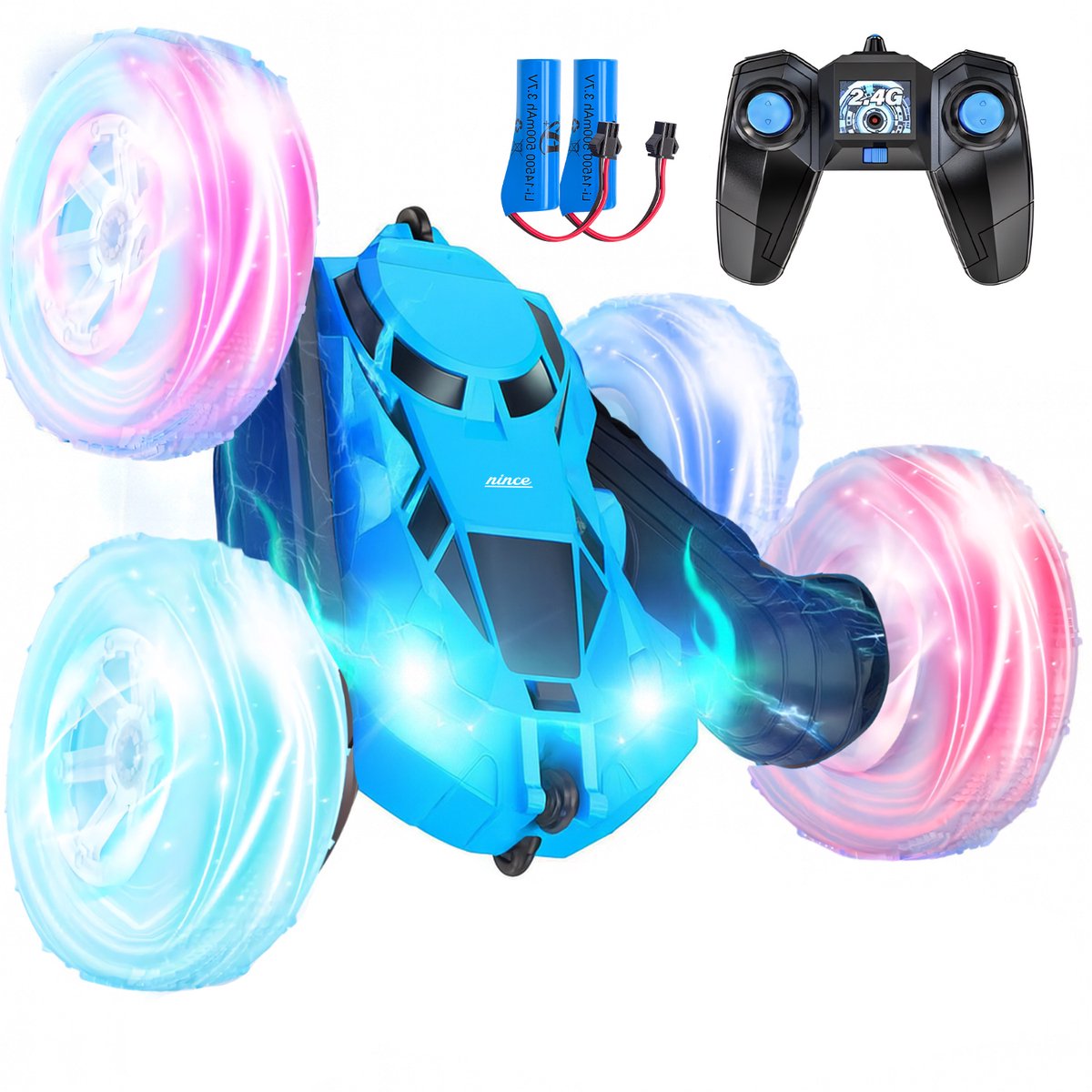 Nince Bestuurbare Auto - Bestuurbare Auto voor Jongens - Stuntauto met LED Banden & 360° Rotatie - RC Auto - Bestuurbare Auto voor Buiten - Met 2 Accu’s