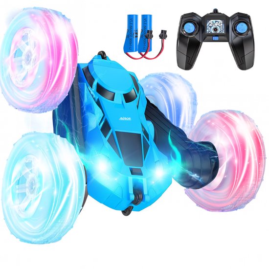 Blauwe stunt RC auto met roze en blauwe LED wielen, inclusief afstandsbediening en 2 accu's.