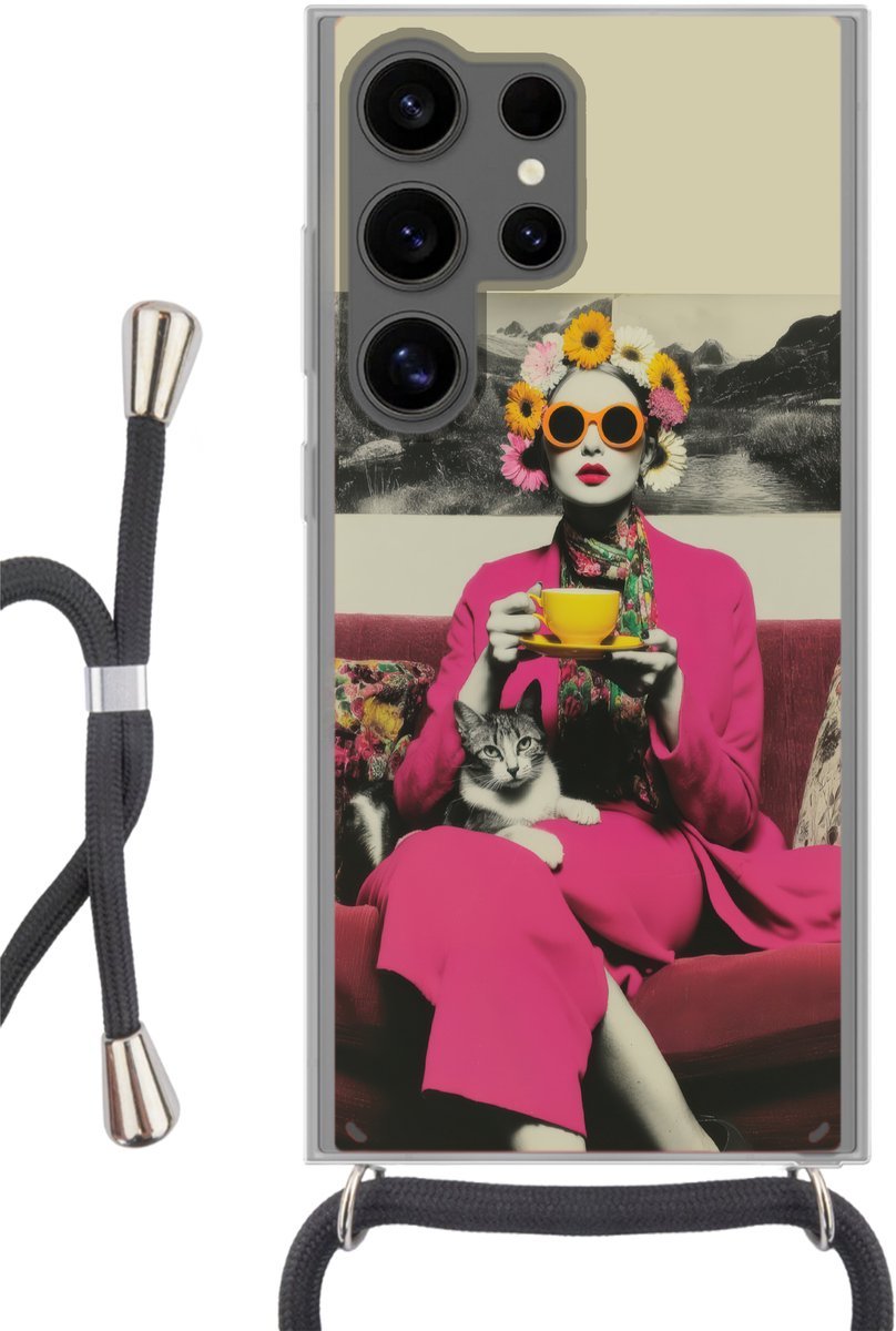 Vrouw - Kat - Bloemen - Kopje - Retro