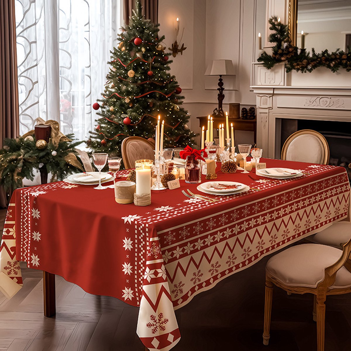 Kerst tafelkleed+Kerst placemats set(4 Pcs)-Kerstdecoratie tafelkleed--Kersttafelkleed voor rechthoekige tafel-voor feestdagen, kerstfeest benodigdheden-140x220cm(Sneeuwvlokpatroon)