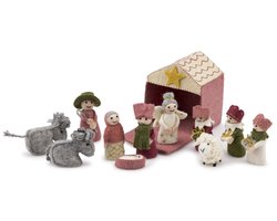 foto van Mini Kerststal van vilt hoogte 15 cm - roze - cyclaam - 12 delig