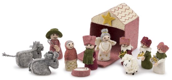Mini Kerststal van vilt hoogte 15 cm - roze - cyclaam - 12 delig
