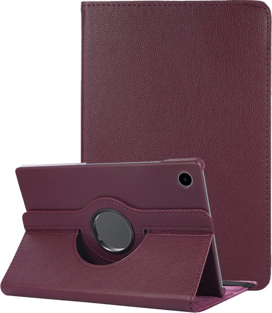 Étui de tablette violet posé sur une table en bois, avec la tablette insérée.