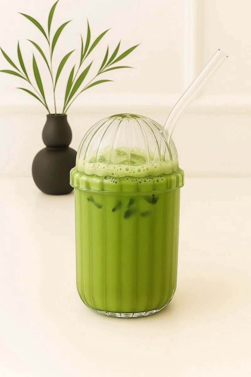 Vivien - Latte Machiato Glas met Rietje & Deksel - Set van 2 - Match Glas - IJskoffie Glas - Smoothie Glas