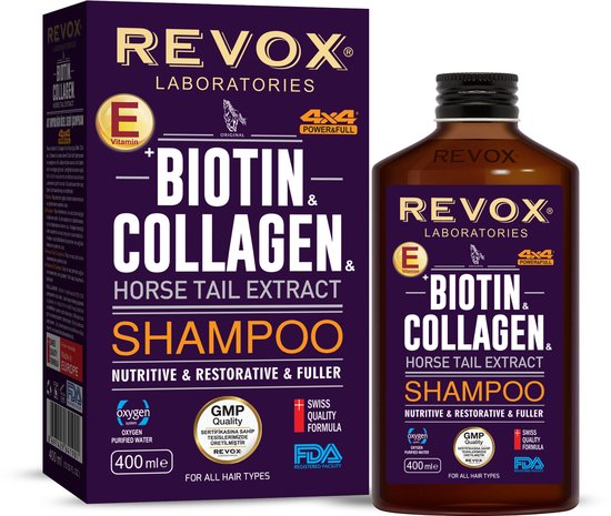 Revox Biotin & Collageen shampoo. Fles en doos in paars met gouden en witte letters. "Nutritive & Restorative & Fuller". 400 ml.