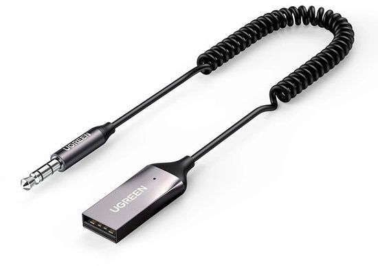 Zilverkleurige Ugreen Bluetooth adapter met zwarte spiraalkabel.