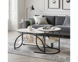 Salontafel Set van 2 - ADFBL - Nesting Tafels Wit Marmerlook - 2-delige Koffietafel Zwart Metaal - Ruimtebesparend - Ovaal en Rond - Met Opbergplank - Industrieel