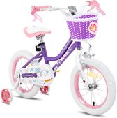 JOYSTAR Angel Meisjesfiets - Verschillende Maten 16 Inch - Met Zijwieltjes - Handrem - Inclusief Mandje - Paars - Geschikt voor buitenactiviteiten in de lente