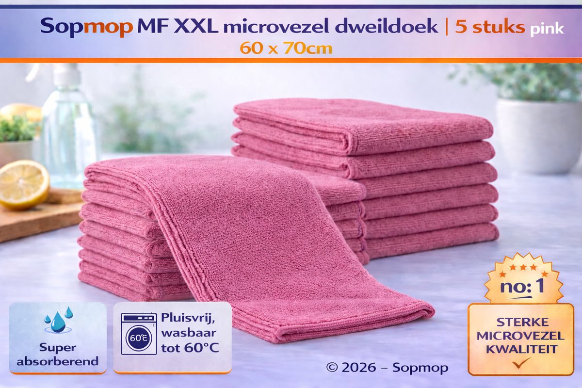 Sopmop Microvezel Dweil Doek MF XXL Pink 5 stuks - Zware Professionele Kwaliteit - 60 x 70cm