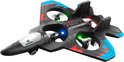 Zwarte straaljager drone met blauwe vleugelranden, rode/groene accenten en LED-verlichting.